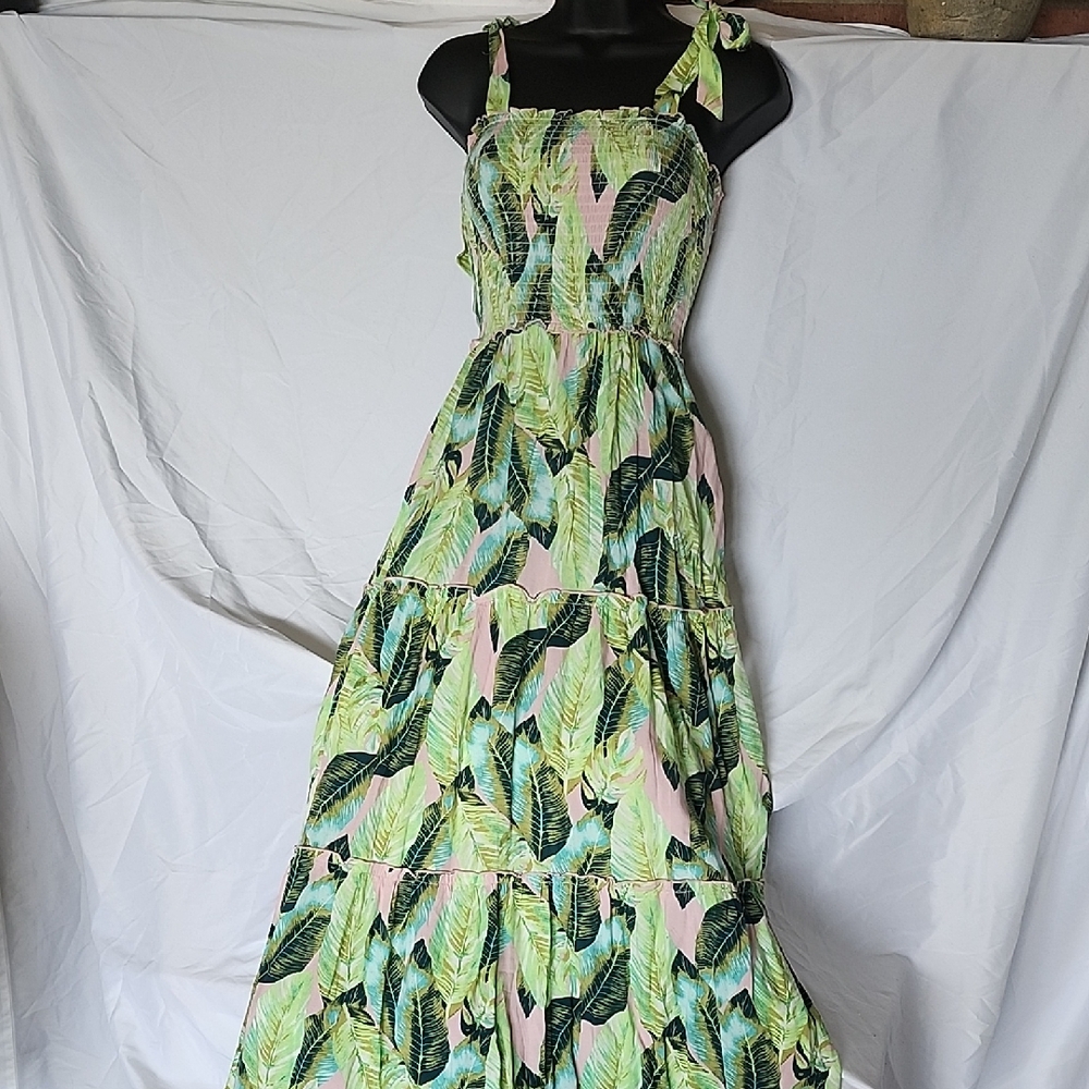 BeBop Green and Pink Leaf Maxi Dress